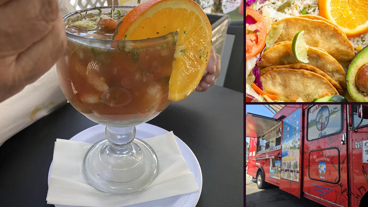 Fresh ceviche, shrimp, and tostadas served together.