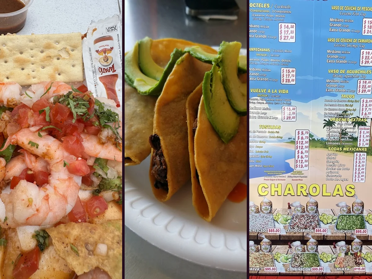 Colorful mariscos plates beside lime wedges and salsa.