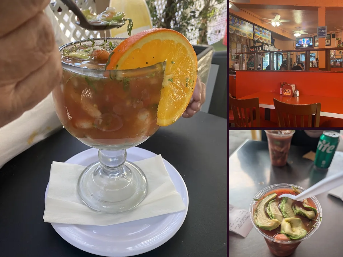 Casual seafood restaurant table with mixed Mexican dishes.