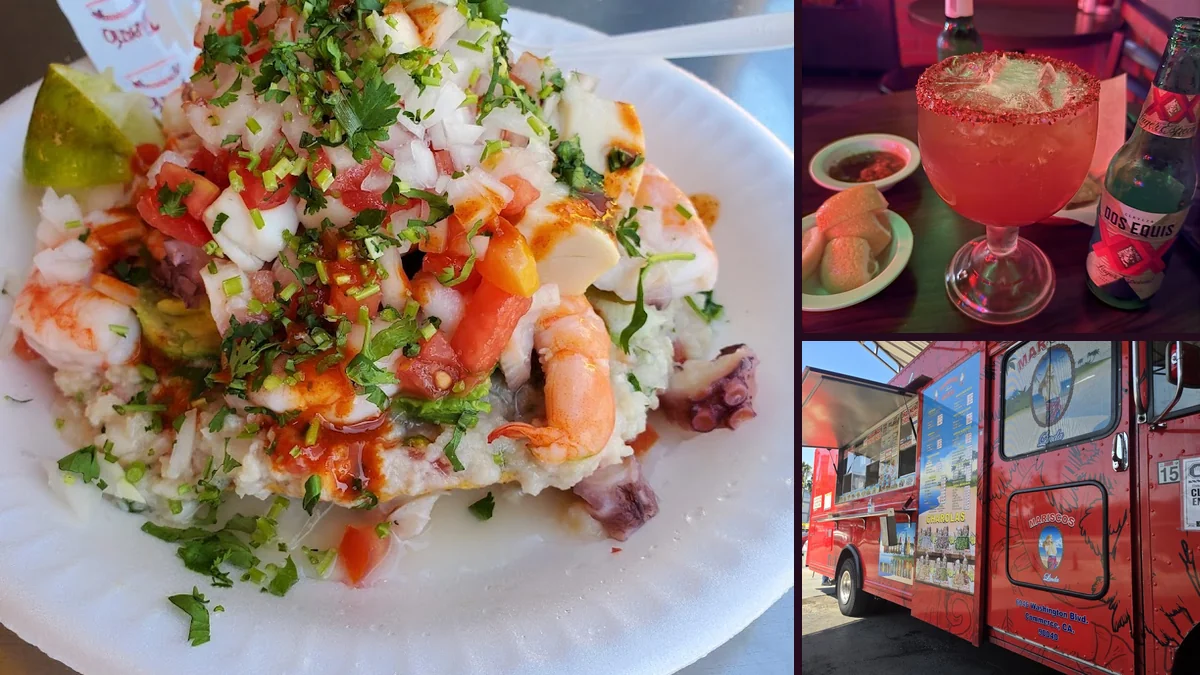 Fresh ceviche, shrimp, and tostadas served together.