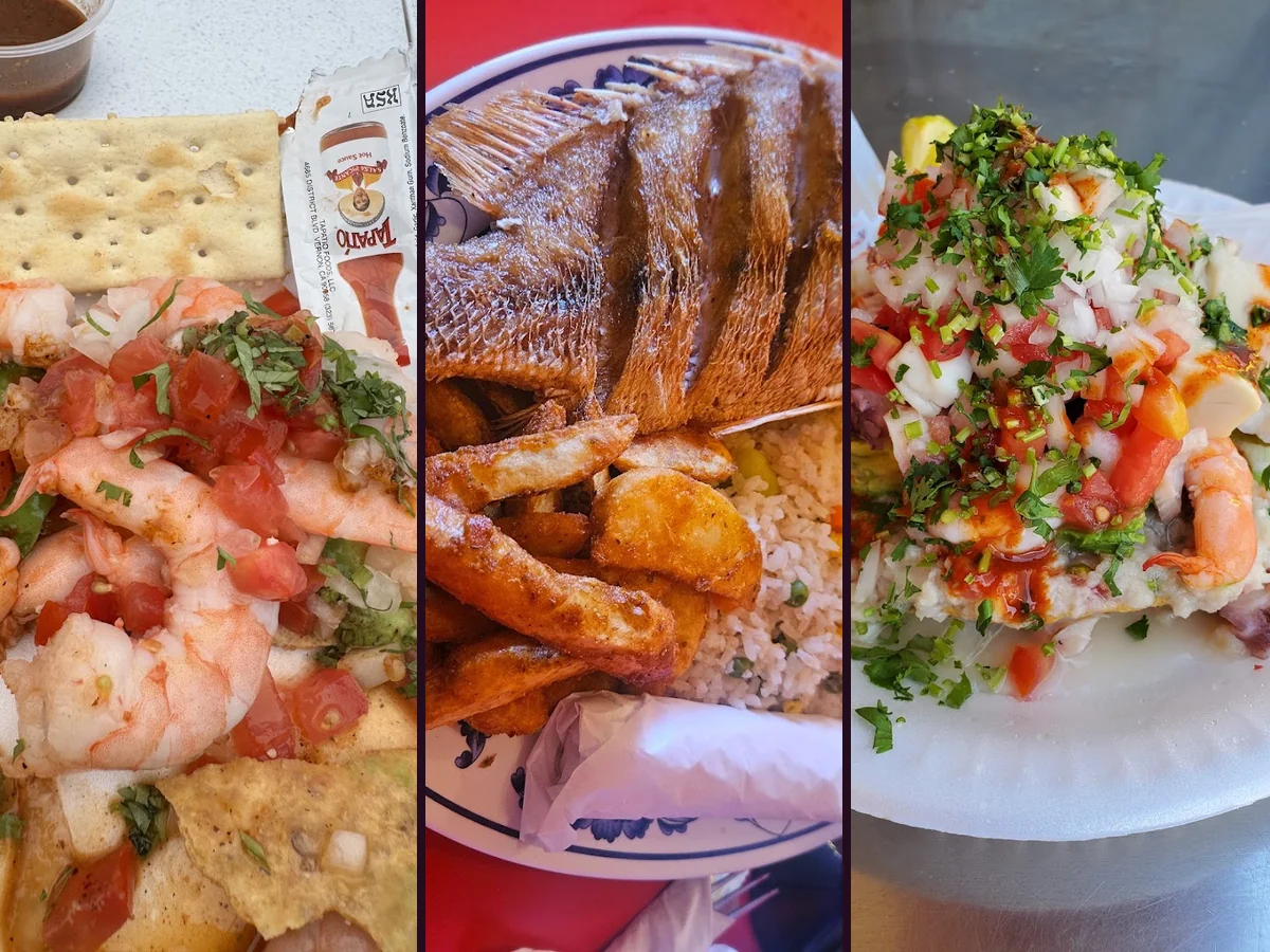 Colorful mariscos plates beside lime wedges and salsa.