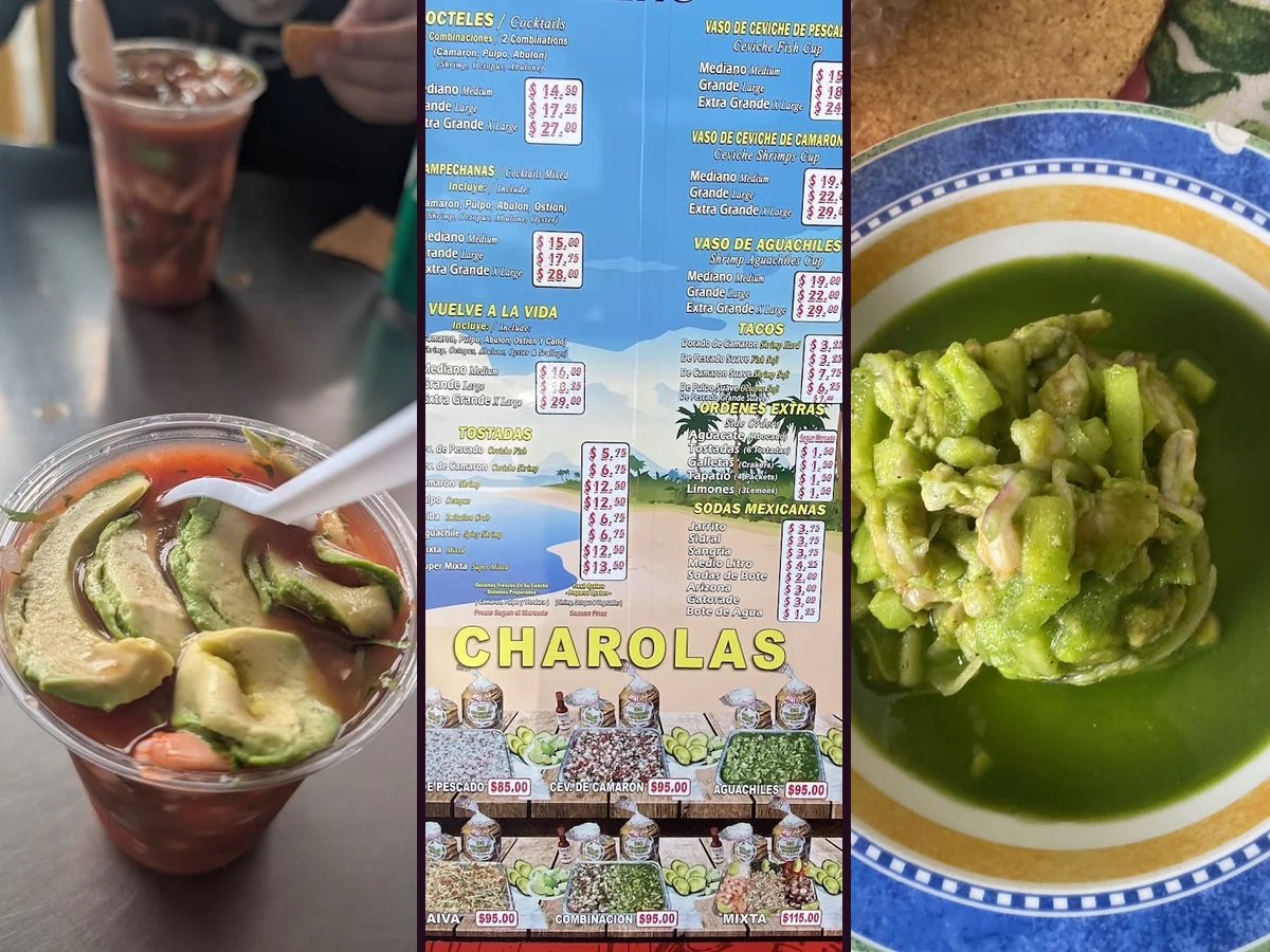 Fresh ceviche, shrimp, and tostadas served together.
